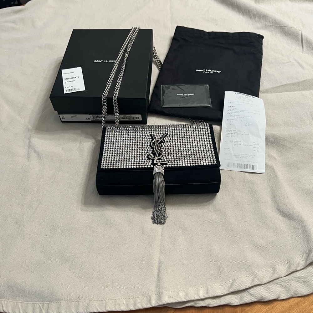 Saint Laurent Black Suede and Crystal leather lined evening bag